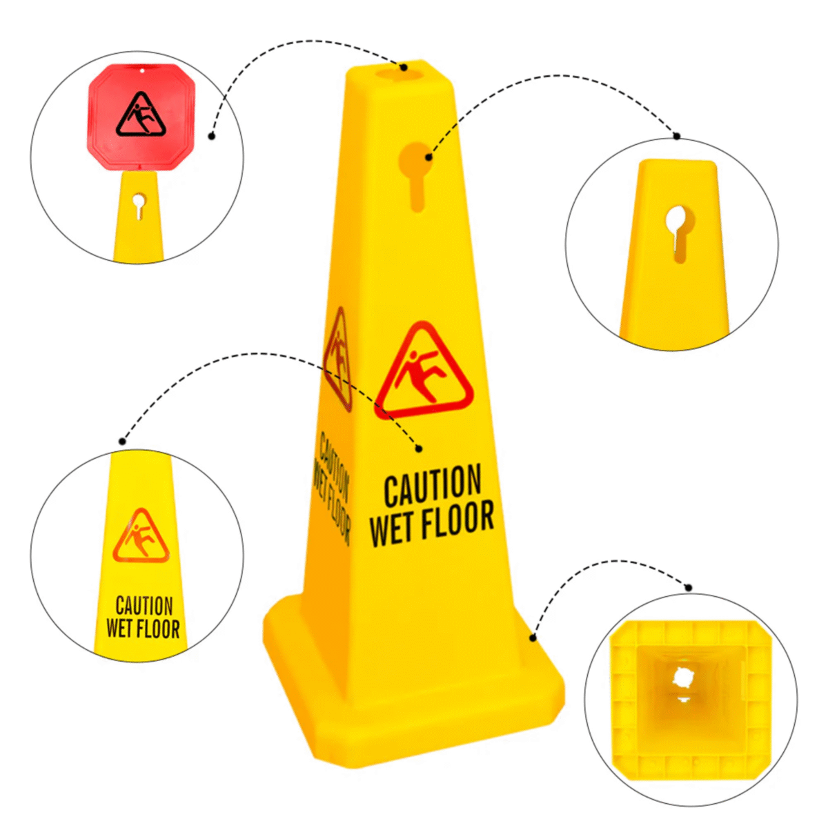 4 Sides View Caution Wet Floor Safety Cone - Yellow for Safety