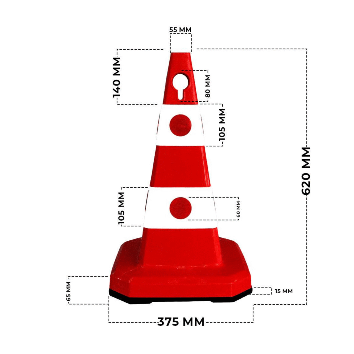 Unbreakable Safety Traffic Cone 620 MM with Cat-Eyes Lenses